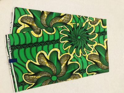 African Wax 6 yards green yellow and tan flowers design real African print. Ankanra 100% cotton material.