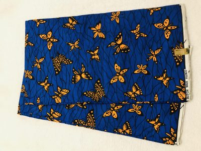African Wax 6 yards royal blue and yellow burterflies design African print.  Ankanra 100% cotton material.